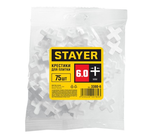 STAYER 6 мм, Х-образные, 75 шт., крестики для кафельной плитки 3380-6