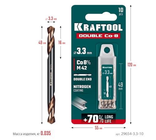 KRAFTOOL DOUBLE Сo-8 3.3х49мм, Сверло двухстороннее по металлу, сталь M42(+8%Co), класс А (29654-3.3-10) KRAFTOOL DOUBLE Сo-8 3.3х49мм, Сверло двухстороннее по металлу, сталь M42(+8%Co), класс А (29654-3.3-10)