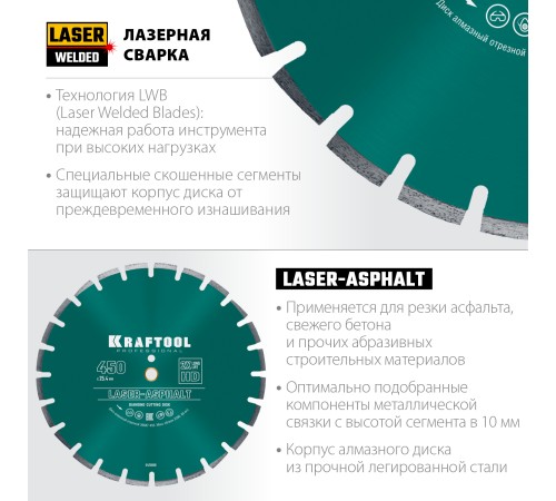 KRAFTOOL Ø 450Х25.4 мм, алмазный, сегментный, по асфальту, диск отрезной LASER-ASPHALT 36687-450 KRAFTOOL Ø 450Х25.4 мм, алмазный, сегментный, по асфальту, диск отрезной LASER-ASPHALT 36687-450