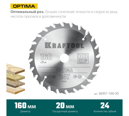 KRAFTOOL Optima, 160 х 20 мм, 24Т, пильный диск по дереву (36951-160-20) KRAFTOOL Optima, 160 х 20 мм, 24Т, пильный диск по дереву (36951-160-20)