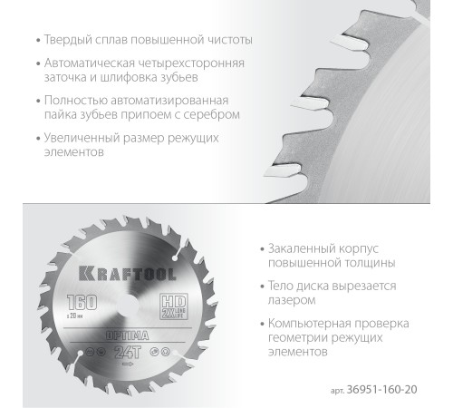 KRAFTOOL Optima, 160 х 20 мм, 24Т, пильный диск по дереву (36951-160-20) KRAFTOOL Optima, 160 х 20 мм, 24Т, пильный диск по дереву (36951-160-20)