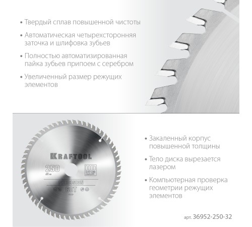 KRAFTOOL Precision, 250 х 32 мм, 60Т, пильный диск по дереву (36952-250-32)