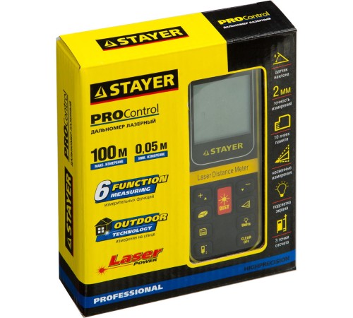 STAYER дальность 100 м, точность 2 мм, лазерный дальномер 34959 STAYER дальность 100 м, точность 2 мм, лазерный дальномер 34959