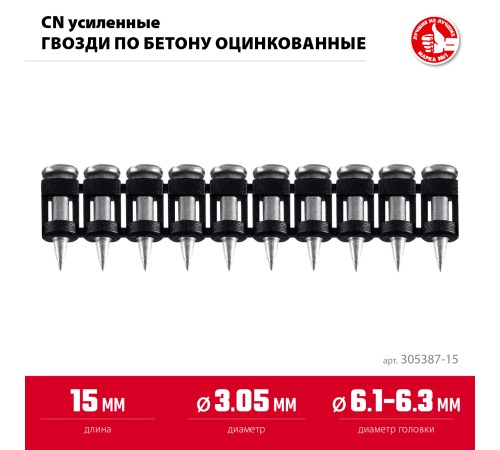 ЗУБР CN усиленные 15 х 3.05 мм, гвозди по бетону оцинкованные, 1000 шт (305387-15)