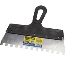 STAYER PROFlat, 250 мм, зуб 10 х 10 мм, пластиковая ручка, зубчатый, нержавеющий фасадный шпатель, Professional (1009-25-10) STAYER PROFlat, 250 мм, зуб 10 х 10 мм, пластиковая ручка, зубчатый, нержавеющий фасадный шпатель, Professional (1009-25-10)
