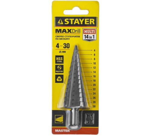 STAYER 4-30 мм, 14 ступеней, HSS, сверло ступенчатое 29660-4-30-14 STAYER 4-30 мм, 14 ступеней, HSS, сверло ступенчатое 29660-4-30-14