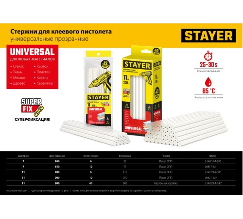 STAYER Universal, 11 х 200 мм, 12 шт, прозрачные, универсальные клеевые стержни Professional (06821-12)