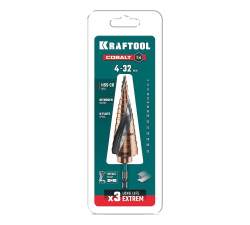 KRAFTOOL COBALT 4-32мм, 15 ступеней, азотирование, винтовая спираль, сверло ступенчатое(29691-4-32-15) KRAFTOOL COBALT 4-32мм, 15 ступеней, азотирование, винтовая спираль, сверло ступенчатое(29691-4-32-15)