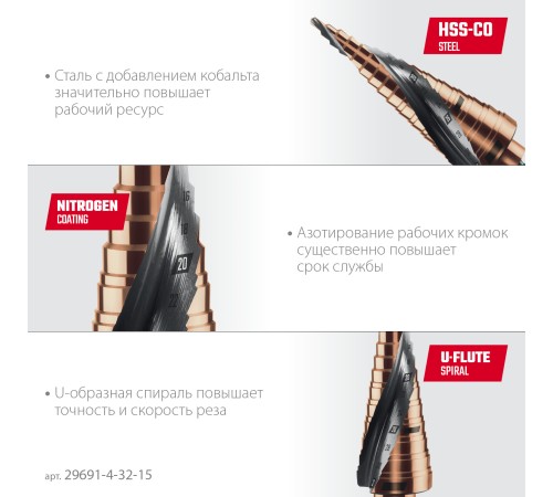 KRAFTOOL COBALT 4-32мм, 15 ступеней, азотирование, винтовая спираль, сверло ступенчатое(29691-4-32-15) KRAFTOOL COBALT 4-32мм, 15 ступеней, азотирование, винтовая спираль, сверло ступенчатое(29691-4-32-15)