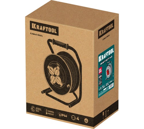 KRAFTOOL КГ 3х2.5 50м 4000Вт IP44, HEAVY DUTYСиловой удлинитель на стальной катушке (55086-50)