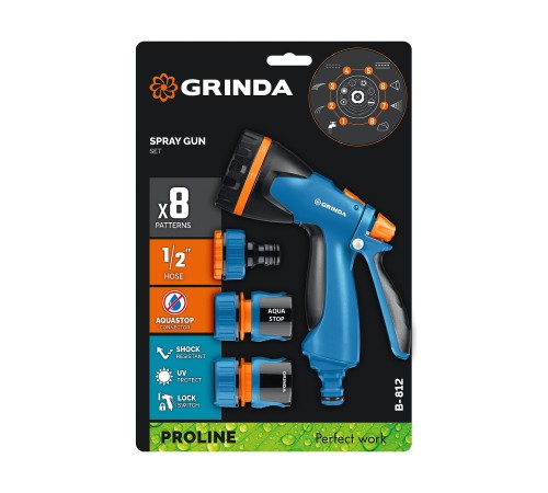 GRINDA B-812, питолет поливочный B-8, коннектор 1/2, конектор 1/2 с автостопом, адаптер с внутр. резьбой 1/2 х 3/4, набор поливочный PROLine (429114) GRINDA B-812, питолет поливочный B-8, коннектор 1/2, конектор 1/2 с автостопом, адаптер с внутр. резьбой 1/2 х 3/4, набор поливочный PROLine (429114)