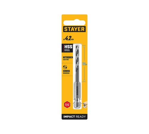 STAYER НЕХ-1/4″, d 4.2 х 98 мм, сверло по металлу для винтовёртов и шуруповертов IMPACT READY (29603-4.2) STAYER НЕХ-1/4″, d 4.2 х 98 мм, сверло по металлу для винтовёртов и шуруповертов IMPACT READY (29603-4.2)