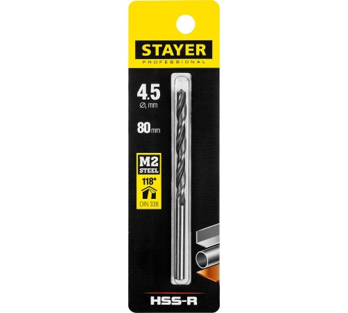 STAYER Ø 4.5 х 80 мм, сверло спиральное по металлу 29602-4.5 Professional STAYER Ø 4.5 х 80 мм, сверло спиральное по металлу 29602-4.5 Professional
