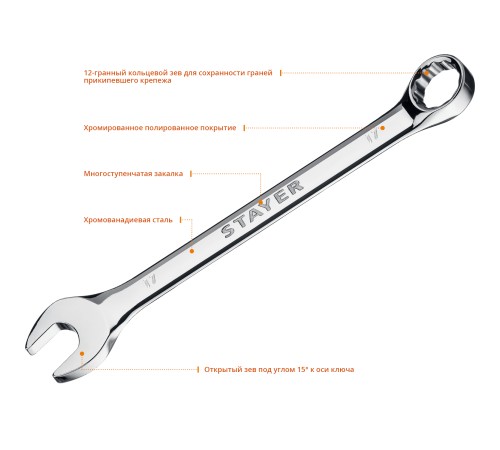 STAYER 17 мм, комбинированный гаечный ключ 27081-17_z01 STAYER 17 мм, комбинированный гаечный ключ 27081-17_z01