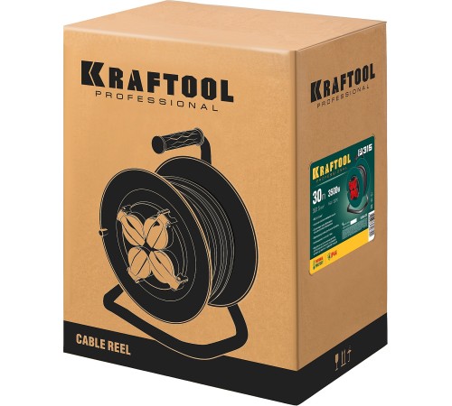 KRAFTOOL 30 м, 3500 Вт, 4 гнезда, IP44, ПВС 3x1,5 кв мм, удлинитель на катушке 55084-30
