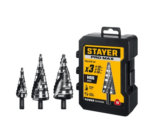 STAYER Pro-Max 3 шт, 4-38мм, винтовая спираль, набор сверл ступенчатых (29661-4-38-H3) STAYER Pro-Max 3 шт, 4-38мм, винтовая спираль, набор сверл ступенчатых (29661-4-38-H3)