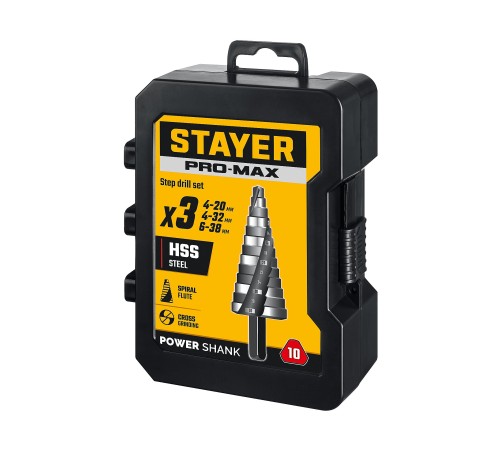 STAYER Pro-Max 3 шт, 4-38мм, винтовая спираль, набор сверл ступенчатых (29661-4-38-H3) STAYER Pro-Max 3 шт, 4-38мм, винтовая спираль, набор сверл ступенчатых (29661-4-38-H3)
