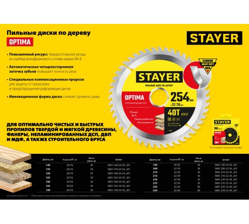 STAYER Optima, 254 x 32/30 мм, 40Т, оптимальный рез, пильный диск по дереву (3681-254-32-40) STAYER Optima, 254 x 32/30 мм, 40Т, оптимальный рез, пильный диск по дереву (3681-254-32-40)