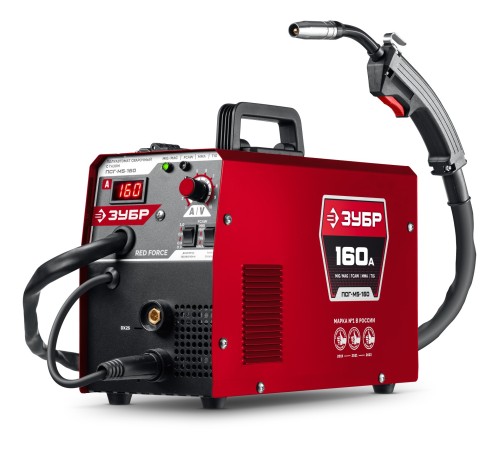 ЗУБР RED FORCE, MIG / MAG, FCAW, MMA, TIG, 160 А, полуавтомат сварочный, с газом / без газа, горелка ПСГ-180 (ПСГ-М5-160)