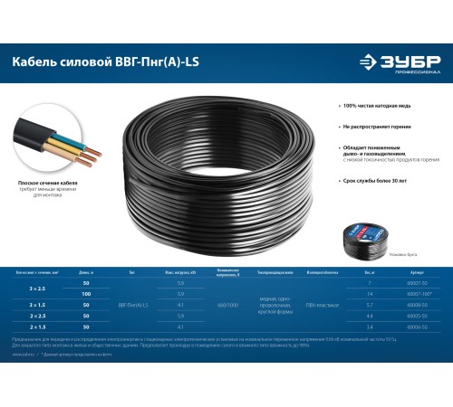 ЗУБР ВВГ-Пнг(А)-LS, 2 x 1.5 мм2, 50 м, ГОСТ 31996-2012, плоский, силовой кабель с пониженным дымо-газовыделением, Профессионал (60006-50)