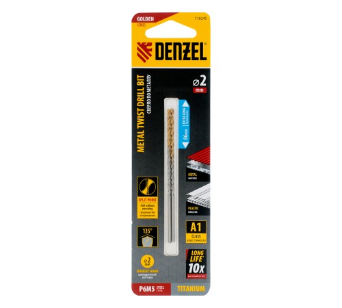Сверло спиральное по металлу 2 х 86 мм Р6М5, Golden Tip, удлиненное, 2шт. Denzel