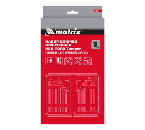 Набор ключей имбусовых HEX-Torx , 18 шт: HEX 1.5-10 мм, T10-T50, CrV, удлиненных, с сатиновым покрытием Matrix Набор ключей имбусовых HEX-Torx , 18 шт: HEX 1.5-10 мм, T10-T50, CrV, удлиненных, с сатиновым покрытием Matrix