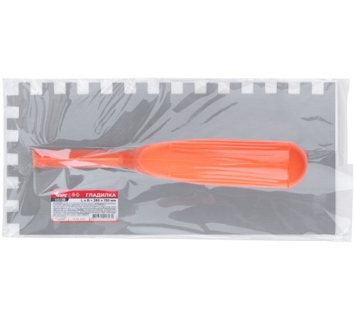 Гладилка стальная с пластиковой ручкой, 280х130 мм зубчатая, зуб 10х10 мм КУРС