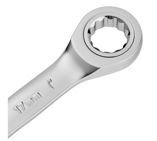 Ключ комбинированный трещоточный, 17 мм, CrV, матовый хром Denzel