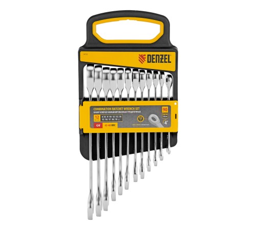 Набор ключей комбинированных трещоточных 6-19 мм, 12 шт., CrV, матовый хром Denzel