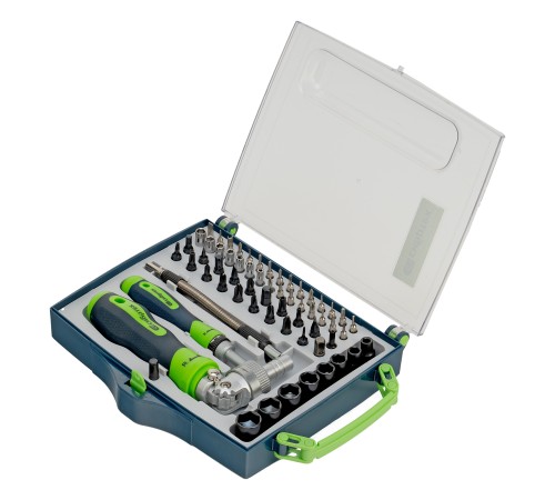 Отвертки реверсивные с набором бит, торцевых головок, 61 предмет, CrV Сибртех