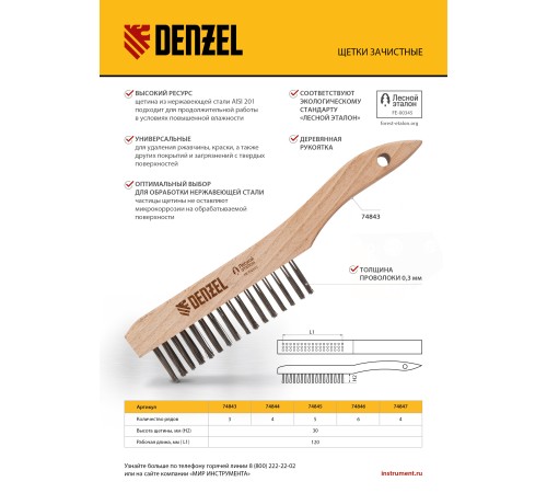Щетка зачистная 6-и рядная, прямая проволока из нержавеющей стали с деревянной ручкой, EFP// Denzel