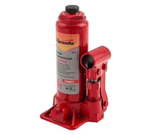 Домкрат гидравлический бутылочный, 4 т, h подъема 180–320 мм Sparta Compact