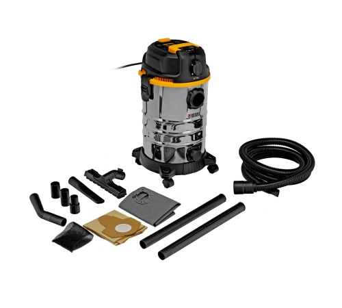 Пылесос строительный RVC30, 1400 Вт, бак 30 л, шланг 3 м, розетка с автосинхр. Denzel