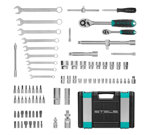Набор инструментов, 1/2, 1/4, CrV, пластиковый кейс, 82 предмета Stels