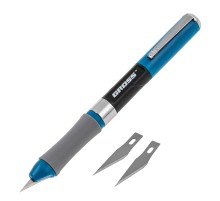 Нож для дизайна, выдвижное перовое лезвие, двухкомпонентная рукоятка, металлическая клипса для фиксации, 150 мм, 2 запасных лезвия Gross