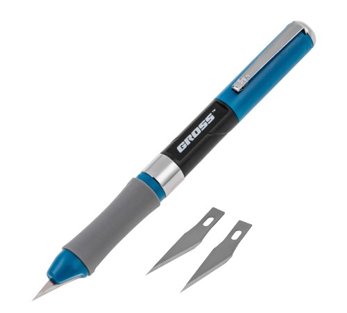 Нож для дизайна, выдвижное перовое лезвие, двухкомпонентная рукоятка, металлическая клипса для фиксации, 150 мм, 2 запасных лезвия Gross Нож для дизайна, выдвижное перовое лезвие, двухкомпонентная рукоятка, металлическая клипса для фиксации, 150 мм, 2 запасных лезвия Gross