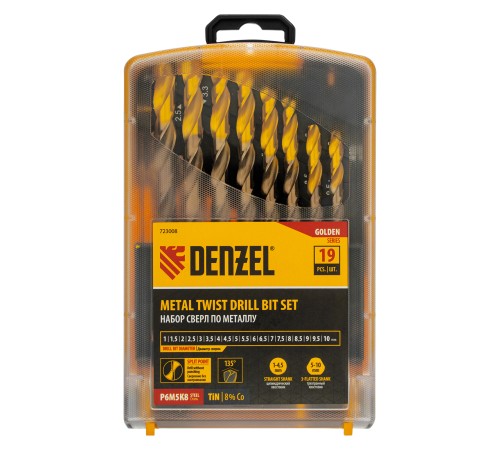 Набор сверл по металлу, 1-10 мм, Р6М5К8-TiN, Golden Tip, 19 шт Denzel