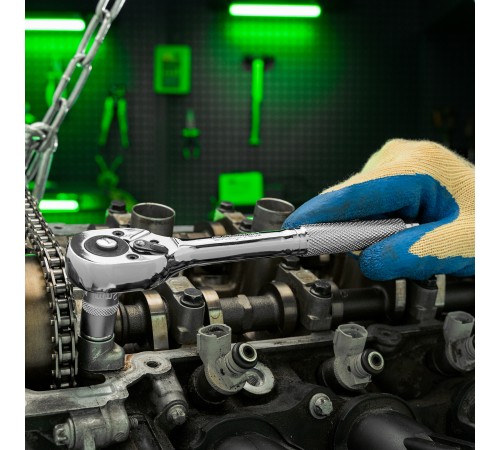 Ключ-трещотка 3/8", 45 зубьев, цельнометаллический, с быстрым сбросом, CrV, хром Сибртех