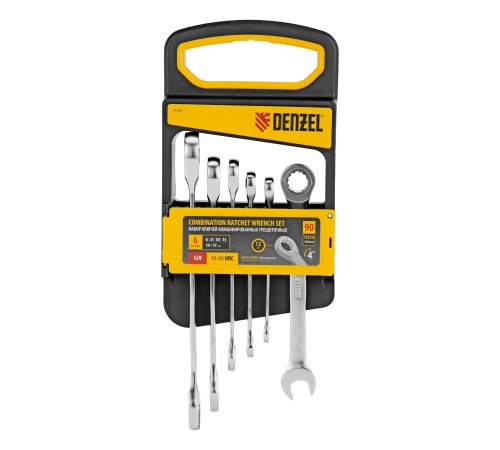 Набор ключей комбинированных трещоточных 6-17 мм, 6 шт., CrV, матовый хром Denzel