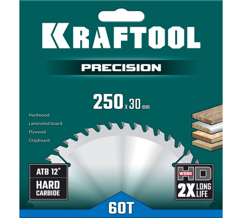 KRAFTOOL Precision, 250 х 30 мм, 60Т, пильный диск по дереву (36952-250-30)