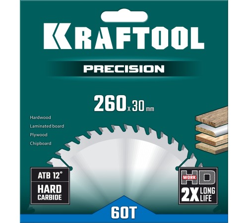 KRAFTOOL Precision, 260 х 30 мм, 60Т, пильный диск по дереву (36952-260-30)