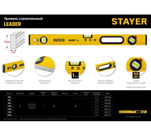 STAYER LEADER, 2000 мм, усиленный профиль, уровень с поворотным глазком (3466-200) STAYER LEADER, 2000 мм, усиленный профиль, уровень с поворотным глазком (3466-200)