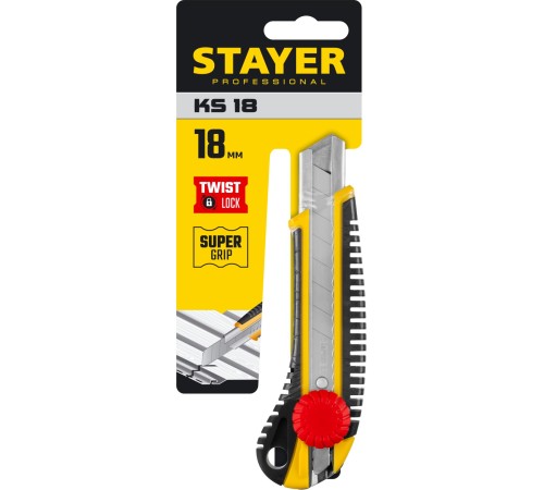 STAYER 18 мм, сегментированное лезвие, винтовой фиксатор, нож KS-18 09161_z01 STAYER 18 мм, сегментированное лезвие, винтовой фиксатор, нож KS-18 09161_z01