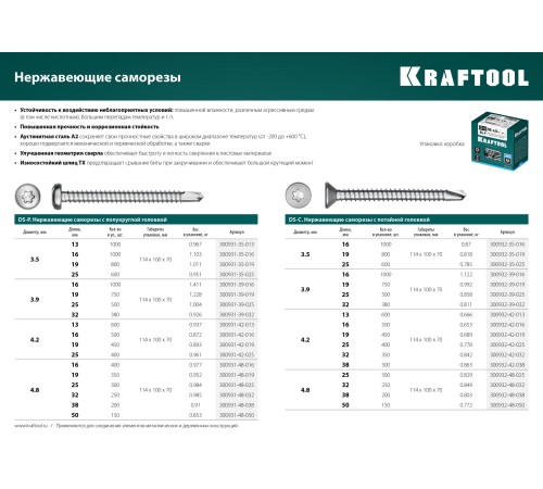 KRAFTOOL DS-C, 38 х 4.2 мм, А2, сверло, потайная головка, ТХ20, 300 шт, саморез нержавеющий (300932-42-038) KRAFTOOL DS-C, 38 х 4.2 мм, А2, сверло, потайная головка, ТХ20, 300 шт, саморез нержавеющий (300932-42-038)