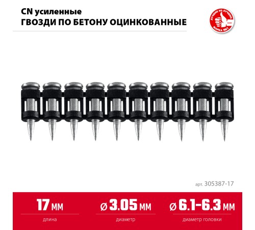 ЗУБР CN усиленные 17 х 3.05 мм, гвозди по бетону оцинкованные, 1000 шт (305387-17)