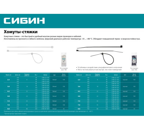 СИБИН 160х2.5 мм, 100 шт, хомуты нейлоновые белые 3786-25-160 СИБИН 160х2.5 мм, 100 шт, хомуты нейлоновые белые 3786-25-160