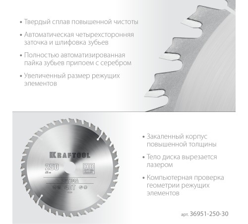 KRAFTOOL Optima, 250 х 30 мм, 40Т, пильный диск по дереву (36951-250-30) KRAFTOOL Optima, 250 х 30 мм, 40Т, пильный диск по дереву (36951-250-30)