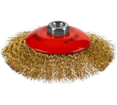 MIRAX Ø 125 мм, витая стальная латунированная проволока 0,3 мм, щетка коническая для УШМ 35143-125
