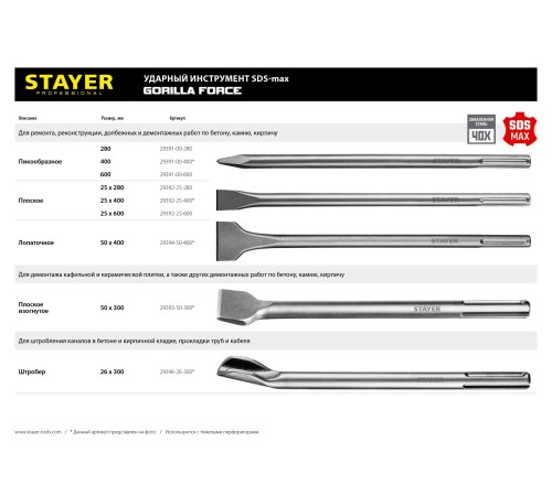 STAYER 280 мм, SDS-max, пикообразное зубило 29391-00-280