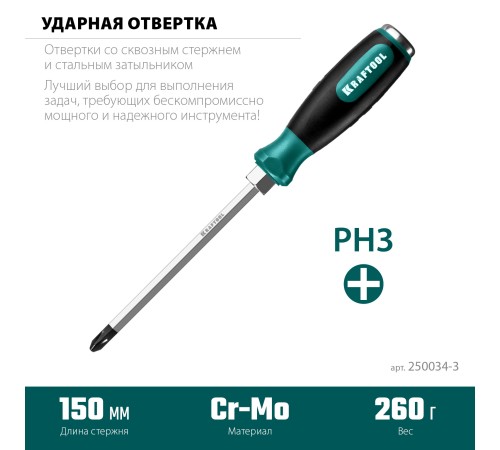 KRAFTOOL PH3х150 мм, отвертка ударная 250034-3 KRAFTOOL PH3х150 мм, отвертка ударная 250034-3